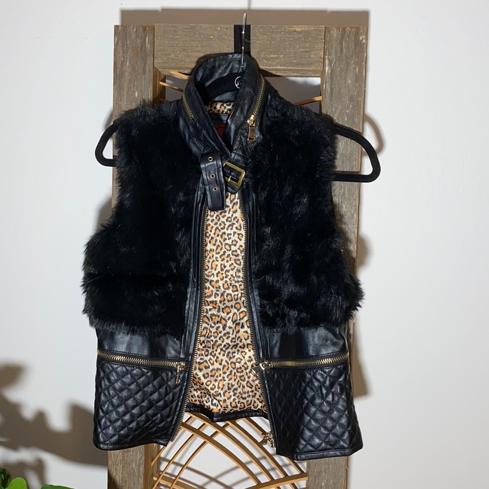 Celsius Premium Faux Leather & Fur Black Gold Vest